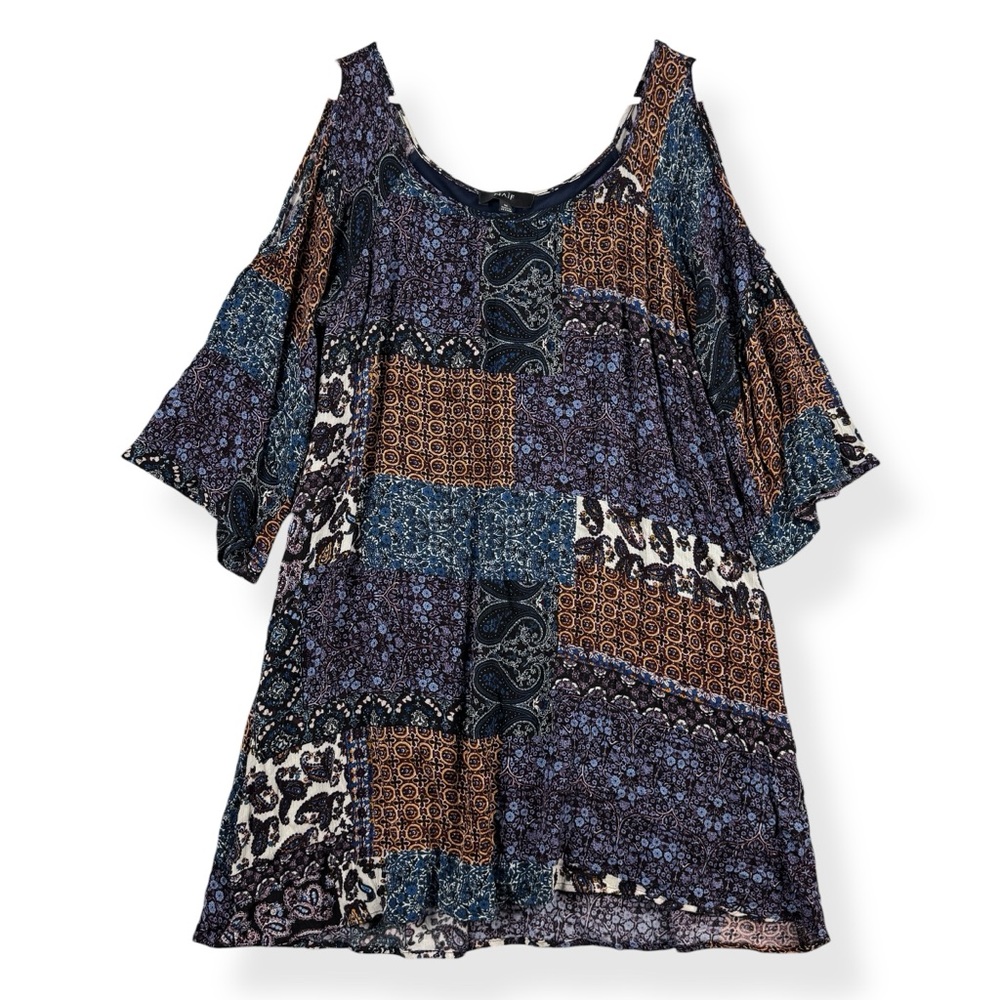 NAIF Patchwork Paisley Boho Dress Womens M‎ Medium 3/4 Cold Shoulder Bell Sleeve